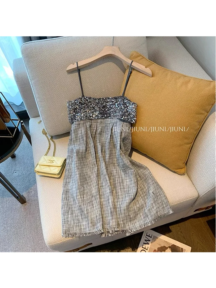 

Glitter Sequin Women Strap Mini Dress Sexy Straight Neck Sleeveless Ruched Patchwork Backless Bodycon Party Club Vestidos Summer