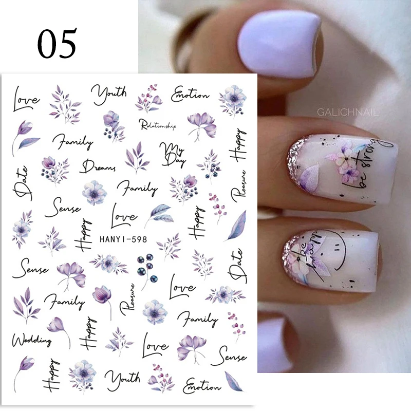 Purple Flower 3D Nail Stickers Green Leaf Floral Cherry Spring Art Water Decals Sliders Manicure Butterfly Tips Decor - купить по