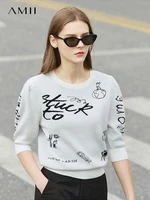 amii minimalism sweater women fashion short sleeve printed knitted pullovers spring women cropped sweater female tops 12270052