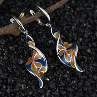 fashion creative spiral leaf enamel cloisonne flower long pendant earrings