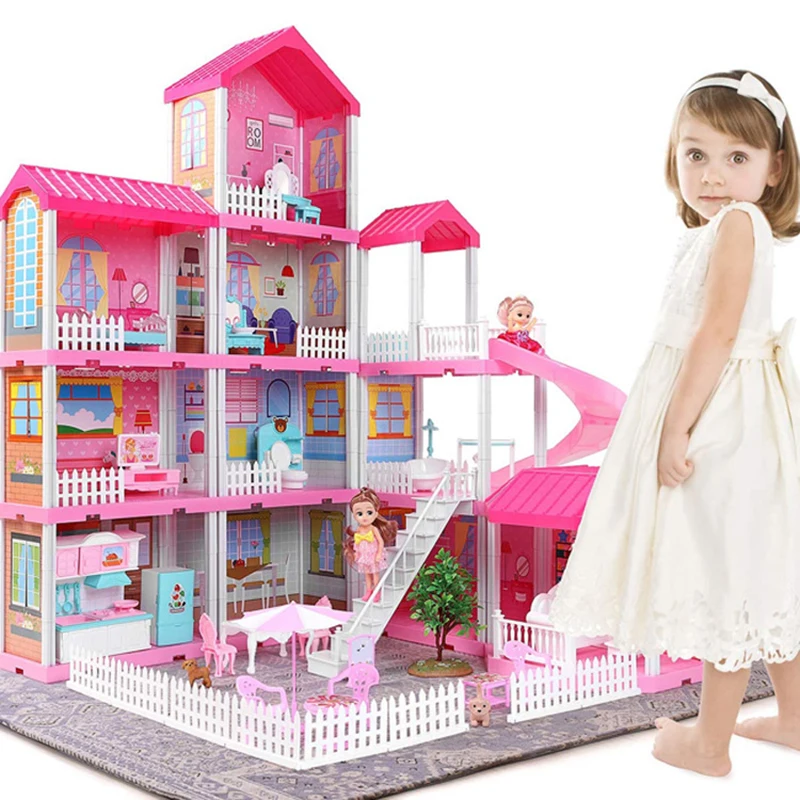 

Большой кукольный домик «сделай сам» для детей, домик Барби, кровать, диван, стол, кукольная мебель, миниатюрный кукольный домик, рождествен...