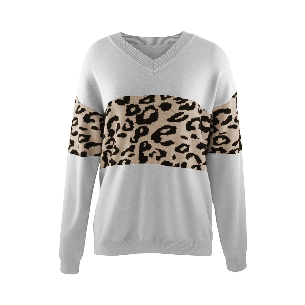 

Winter Leopard Sweater Women 2021 Autumn V-Neck Knitted Woman Sweaters Streetwear Pull Femme Long Sleeved Pullover Sweter