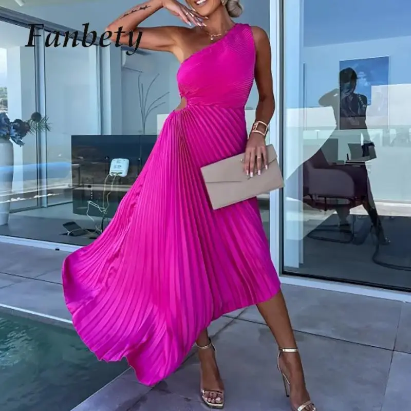 

Elegant Waist Tighten Hollow Sexy Dress Women Irregular Cocktails Party Dress Summer Fashion Banquet One-Shoulder Pleated Dress
