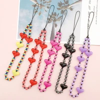 vintage resin heart beaded mobile phone strap lanyard for women smiley charm non slip mobile phone chain diy jewelry accessories
