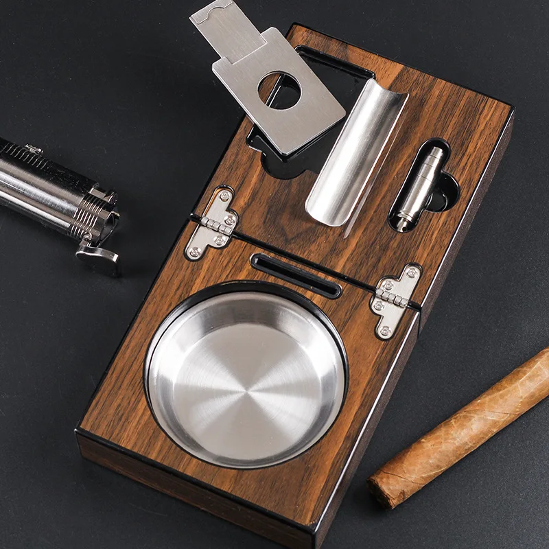 Multifunctional Cigar Ashtray Foldable Cigar Wood Box Include Cigar Cutter Holder And Hole Opener Cigar Accessories Gift