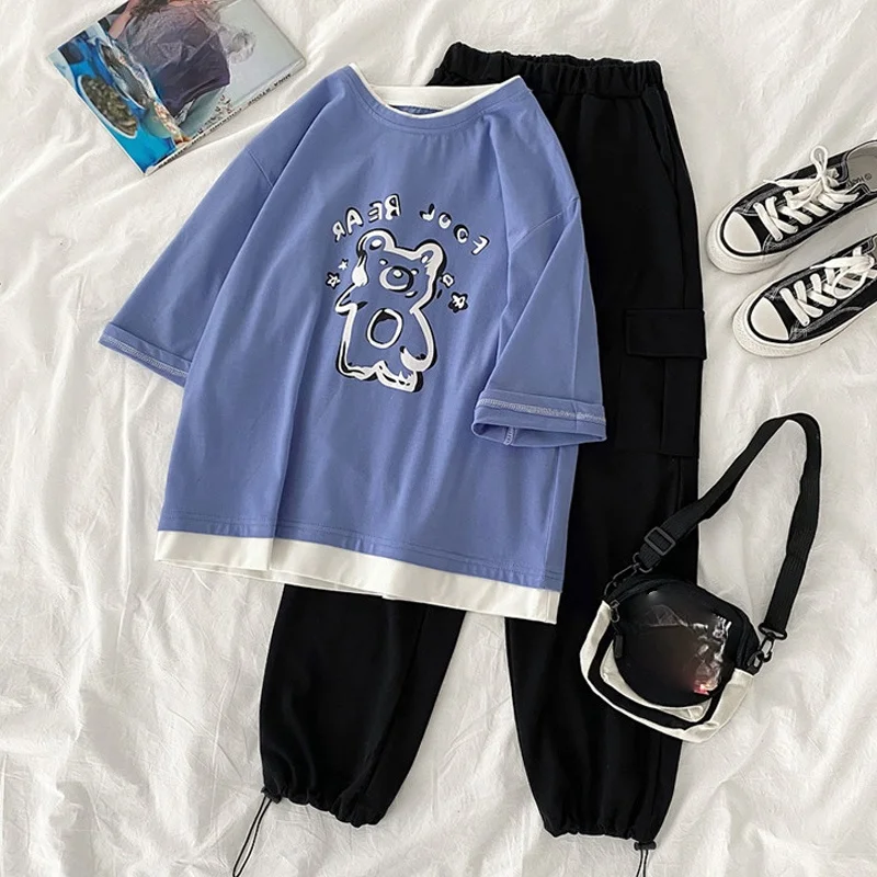 

summer short Sleeve cartoon Two Piece Set Outfit Women cotton cute Comfort Lounge Wear casual loose t-shirts + cargo pants sets