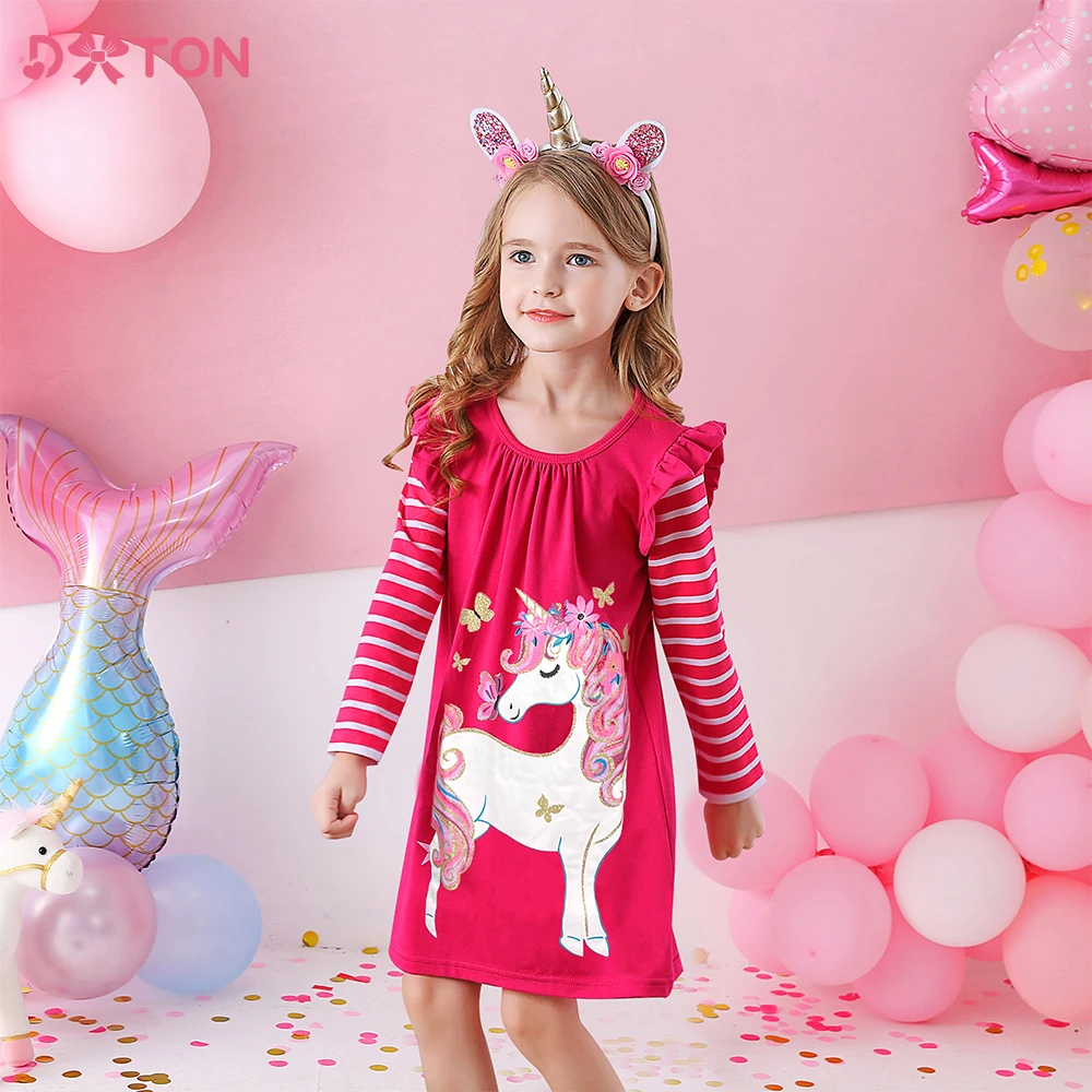 

DXTON Girls Unicorn Dresses Kids Cartoon Print Dress Girl Casual Clothes for Autumn Spring Kids Cotton Dresses 3-12 Years