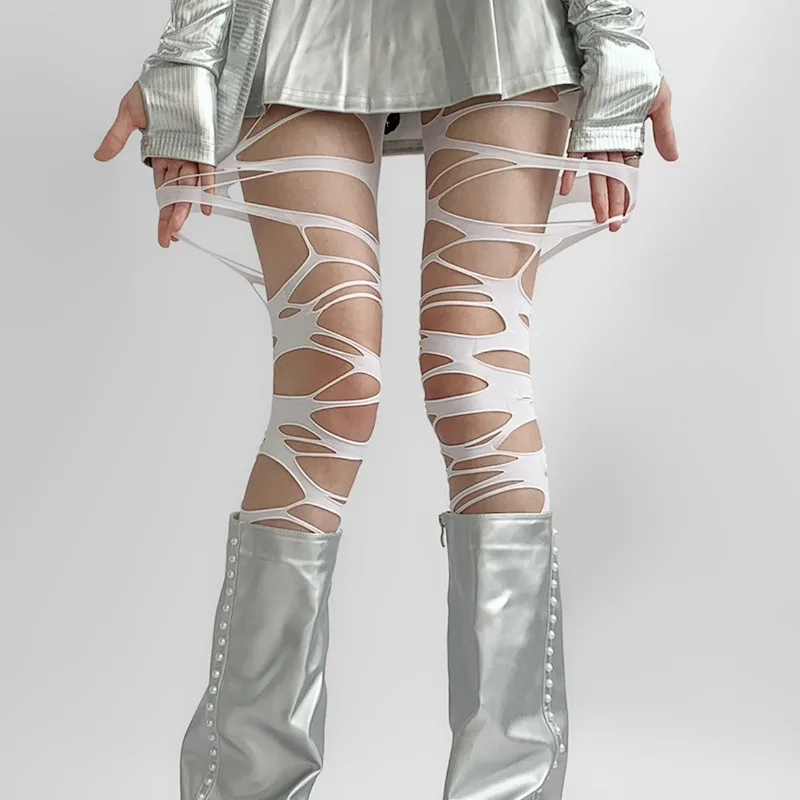 Женские колготки в стиле панк с рваными ремнями