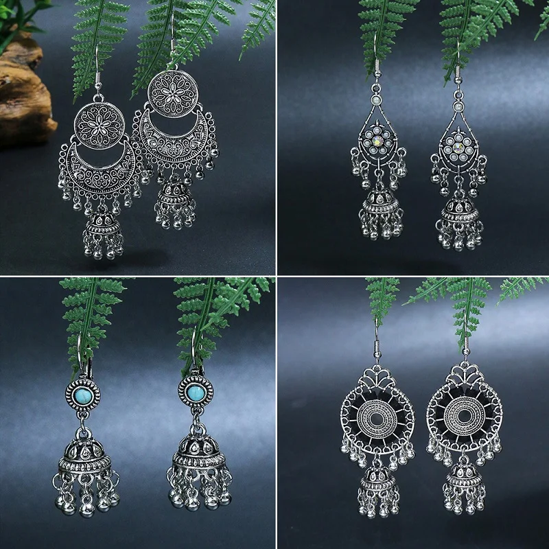 

Exknl Vintage Tassel Drop Earrings for Women Silver Color Long Big Ethnic Dangle Earrings Jewelry Accessories Christmas Gifts
