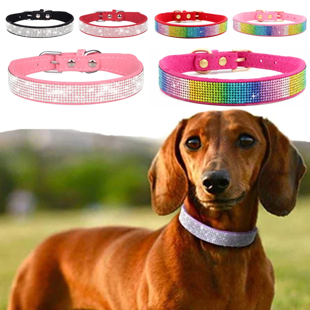 

Rhinestone Pet Collar with Full Bling Crystals Cute Dazzling Sparkling Elegant Fancy Soft Suede Leather Girl Dogs Cats Collar