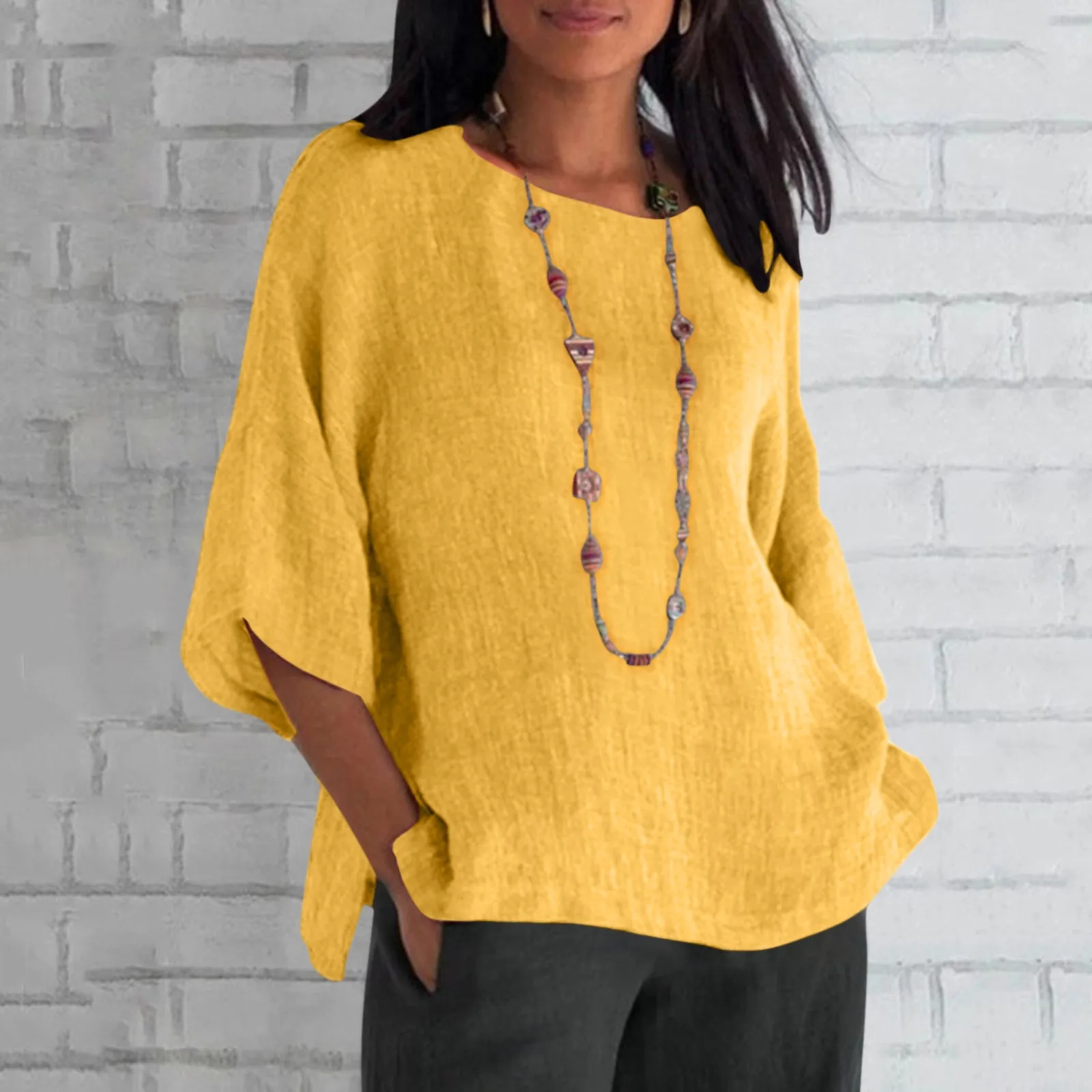 

Футболка женская льняная с цветочным принтом, свободная Повседневная Туника с круглым вырезом, с рукавом 3-4, летняя одежда для воркаута