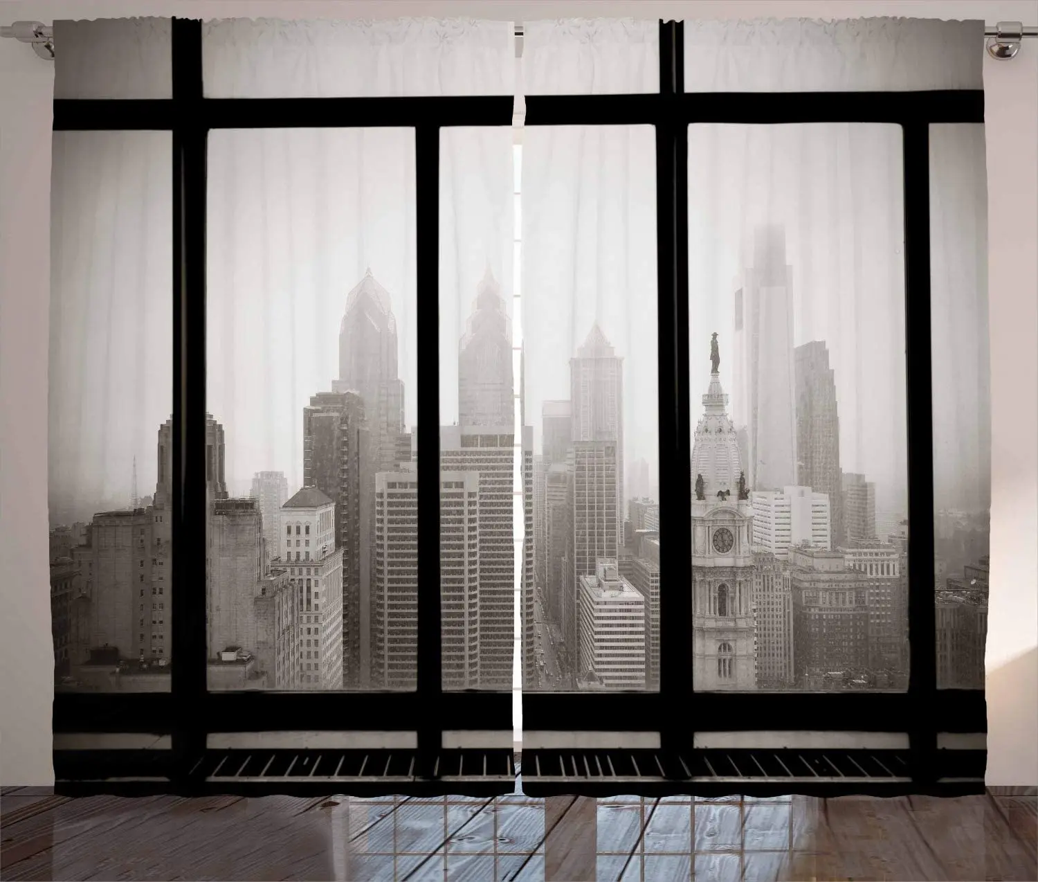 

Philadelphia City Rooftop View Through Window Skyline Landmark Travel Living Room Bedroom Window Curtains Drapes 2 Panel Set
