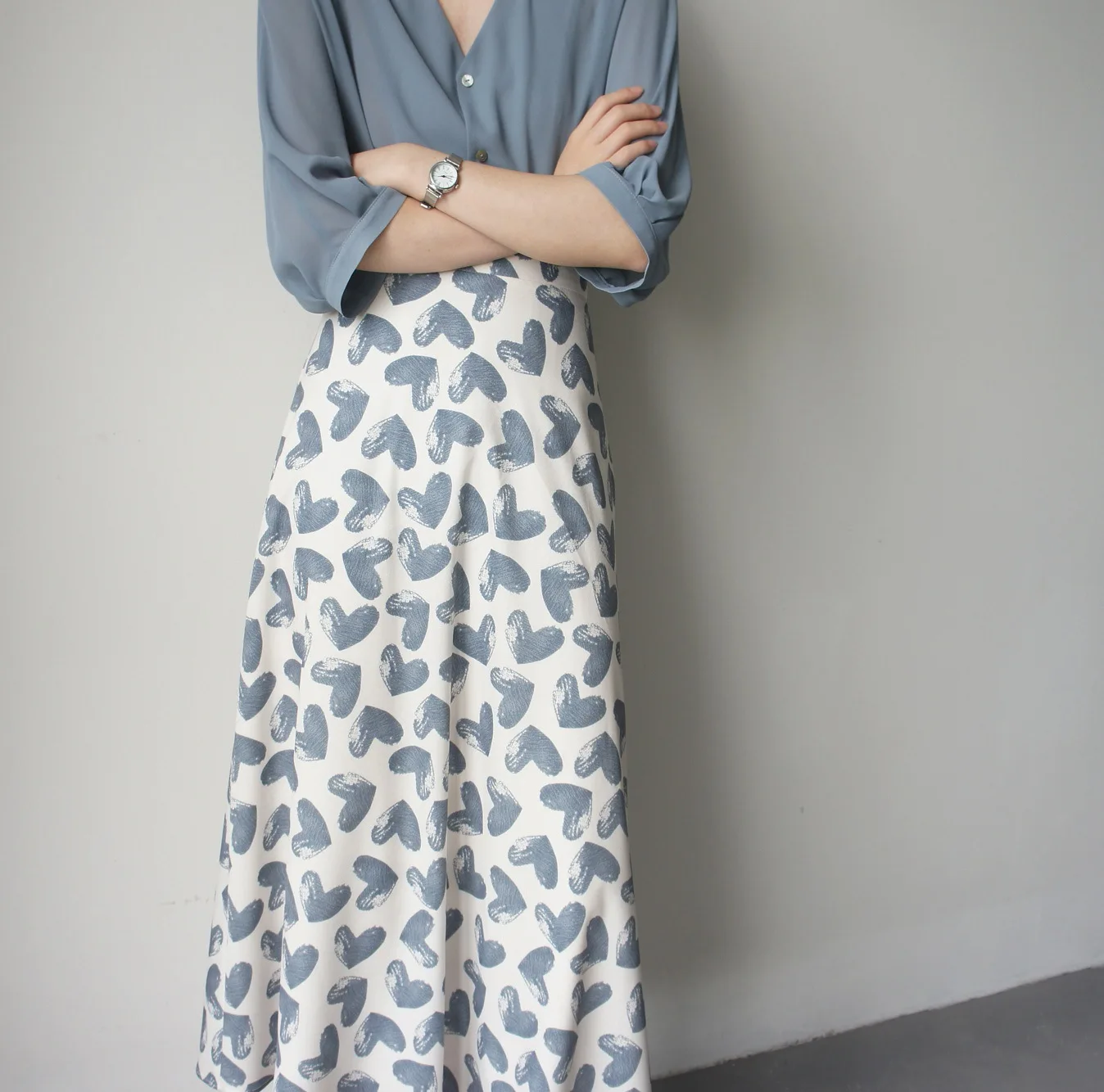 

2022 Summer New High Waist Sweet Love Print Long Skirt + Casual Elegant Simple Solid Color Versatile Women Shirt Free Shipping