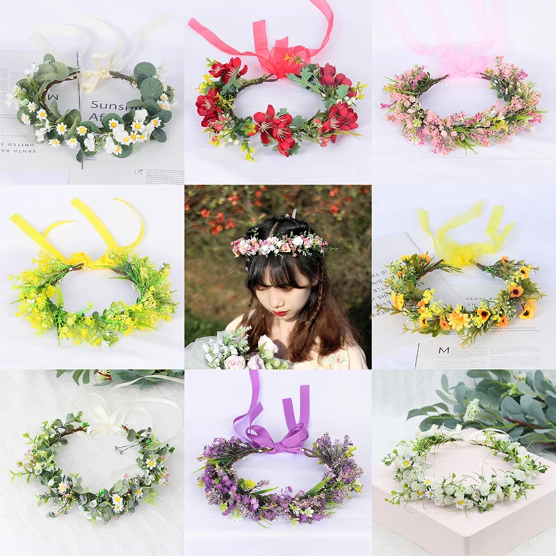 

Spring Bohemian Flower Crowns Flower Headband Floral Garland Faux Rose Wedding Wreaths Braided Hair Vine Headpiece Hair Ornament