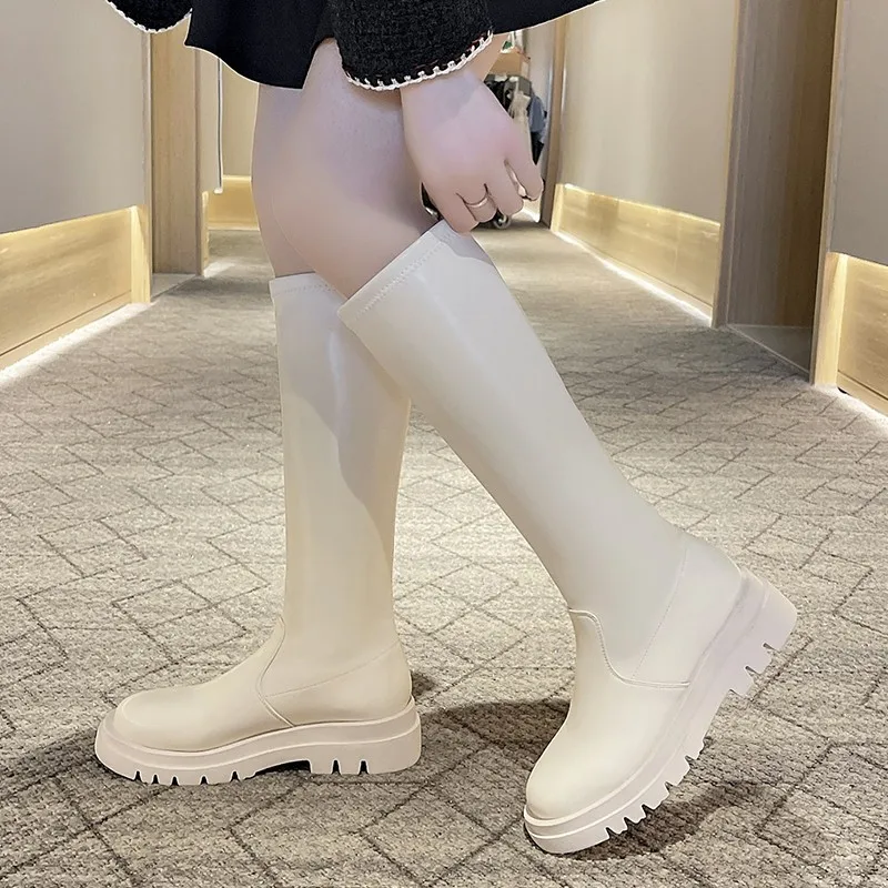 

2022 New Winter Fashion Women's Platform Shoes Sexy Ladies Over Knee Motorcycle Boots Black White Round Toe Buckle Boots