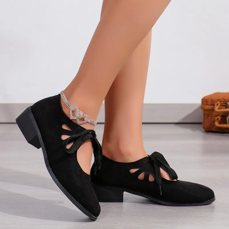 Новые осенние женские туфли-лодочки на шнуровке с низким берцем для женщин