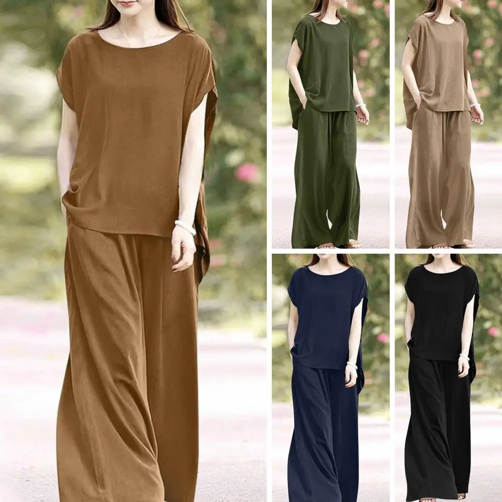 

Женский льняной костюм-двойка, винтажная однотонная блузка на пуговицах с отложным воротником и длинными рукавами и свободные прямые брюки...