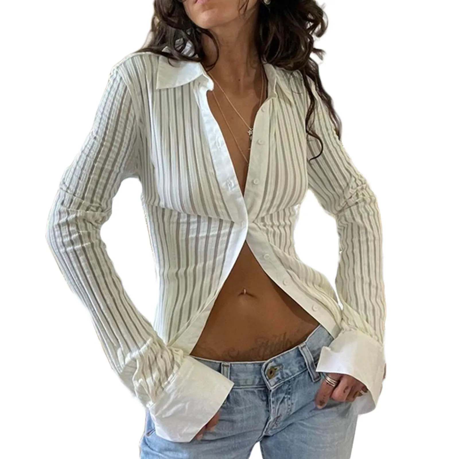 

Блузка женская однотонная с отложным воротником, модная Повседневная рубашка с длинным рукавом, на пуговицах, весна-осень