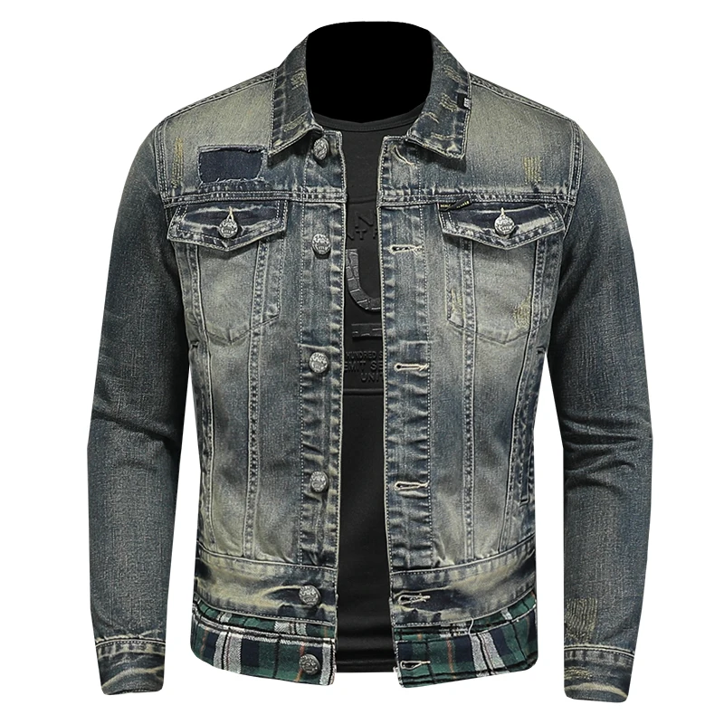 

Fashion Denim Jacket Men Cotton Turn Down Collar Casual Top Mens Denim Coat Slim Motocycle Jean Outerwear Single Breasted Jacket