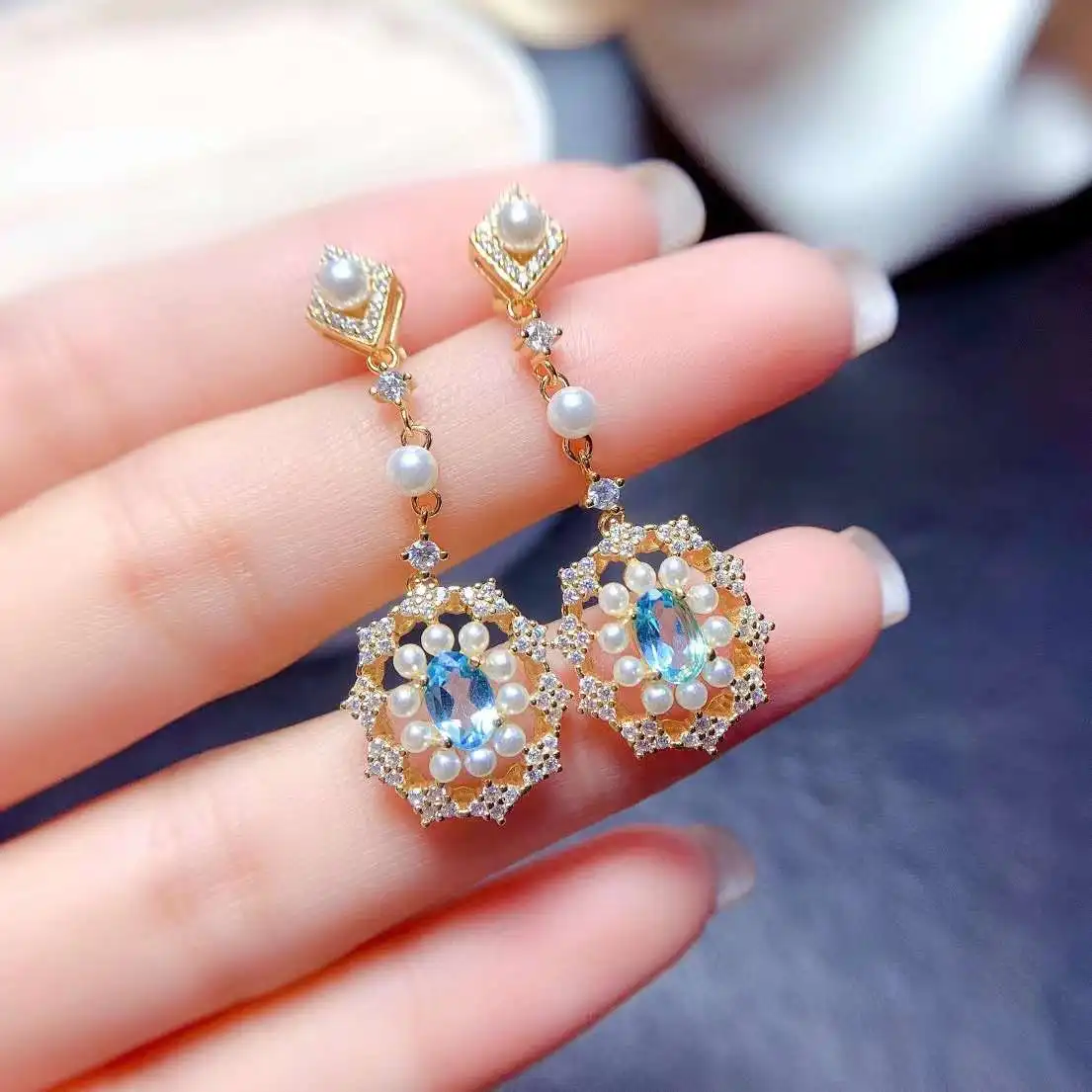 

luxurious Wealth Sun flower S925 silver natural blue apatite drop earrings natural Pearl women birthday gift party jewelry