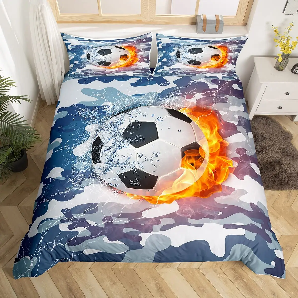 

Football Duvet Cover Set Hand Drawn Sketch Soccer Flag Network Team Sports Bedding Set for Boys Teens Men Twin Comforter