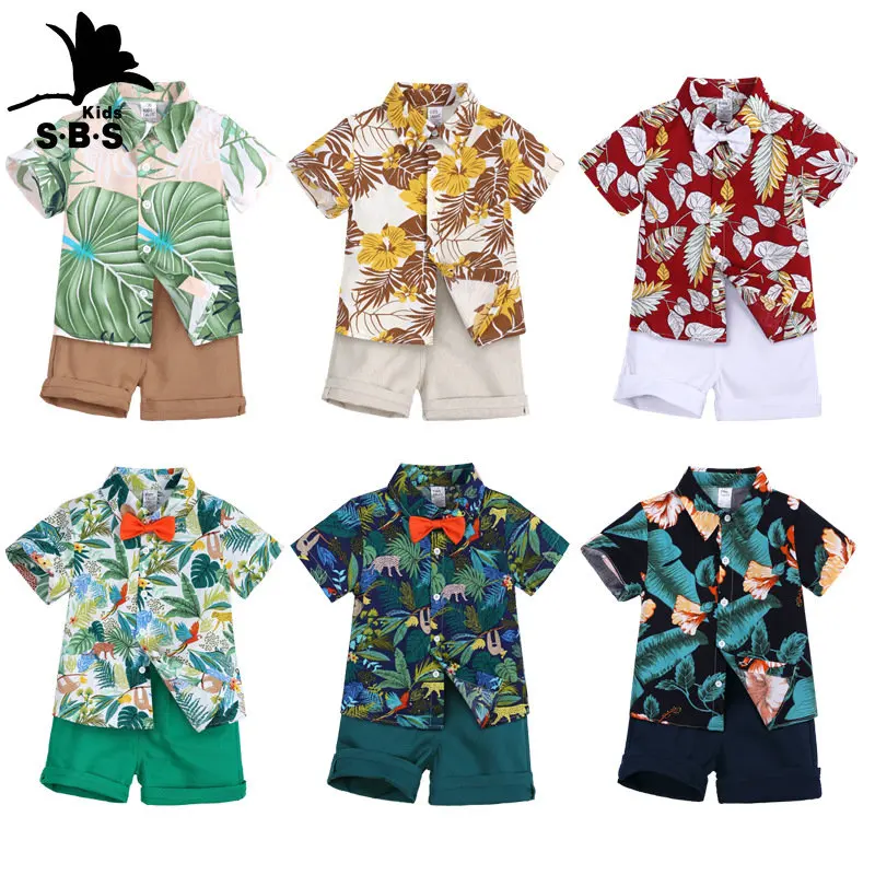 

New fashion children's clothing beach multicolored flower shirt boy shorts 2-piece set