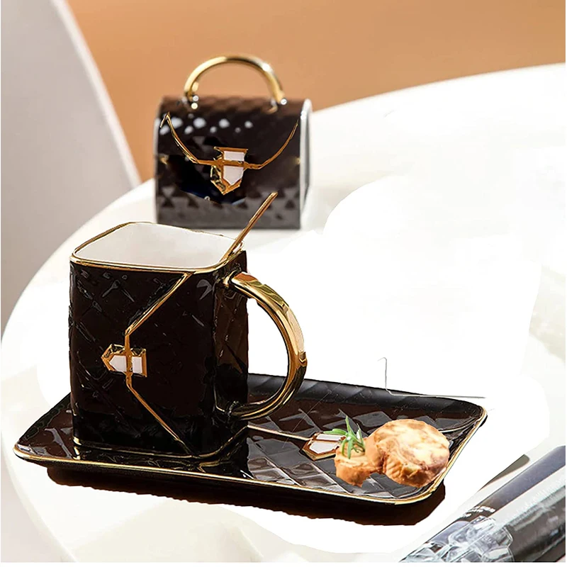

Handbag-Shaped Creative Ceramic Mug With Saucer Porcelain Tray &Spoon for Coffee, Hot Chocolate, Cappuccino, and Latte Breakfast