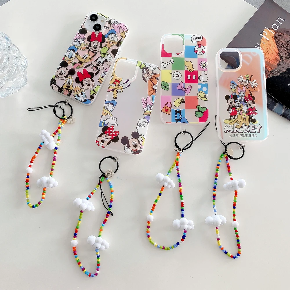 

Cartoon Disney Mickey Minnie with Luxury Lanyard Phone Case for IPhone 14 13 12 11 Pro Max 14 Pro Couple Anti-drop Back Cover