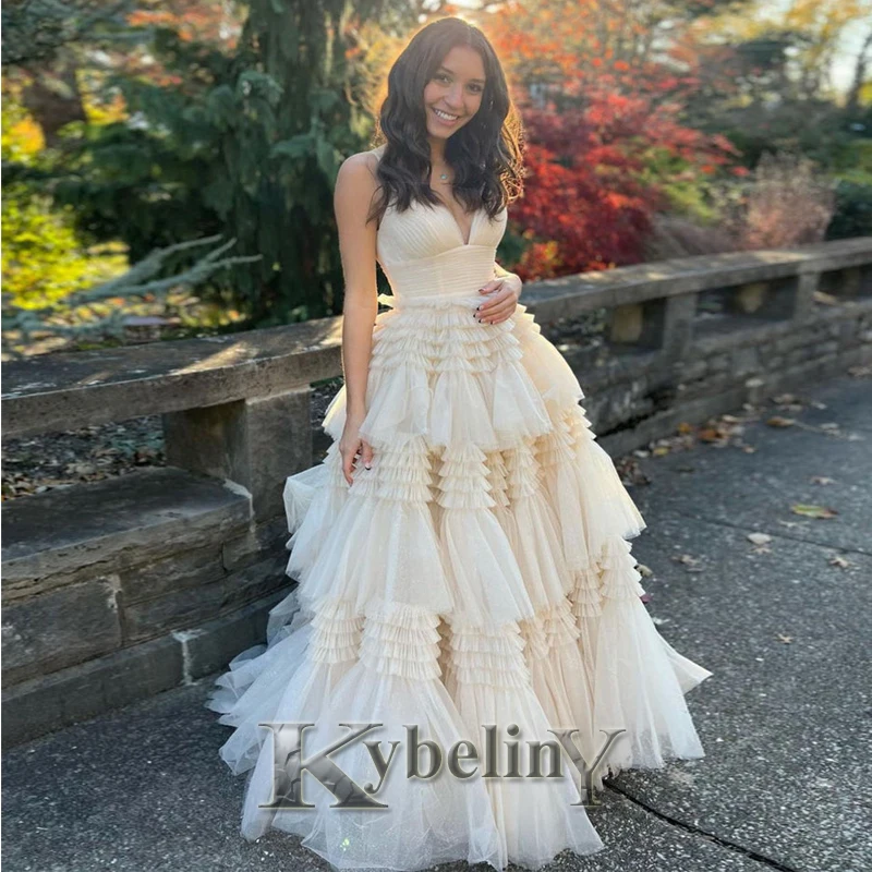 

Ivory Tiered Evening Dresses V-Neck Spaghetti Straps Prom Robe De Soiree Graduation Celebrity Vestidos Fiesta Women Formal