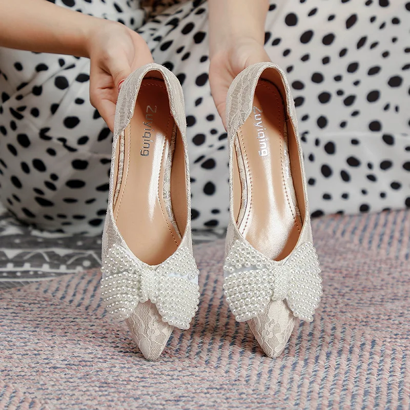 

String Bead Bow-knot Ballet Flats Woman Pointed Toe Loafers Embroider Lace Pearl Sneakers Women Shoes Plus Size 42/43 Moccasins