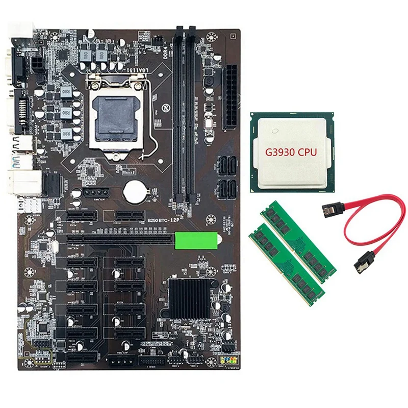 

Материнская плата для майнинга B250 BTC LGA 1151 с ЦП G3930 + 2X DDR4 4 Гб 2666 МГц ОЗУ + кабель SATA для графической карты Майнер