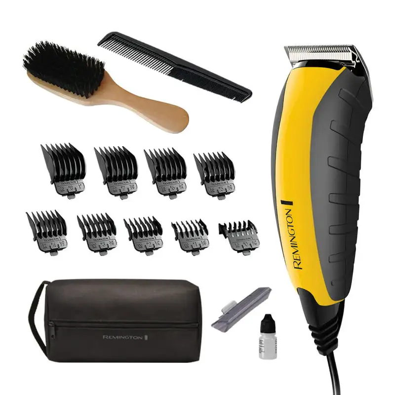 

Virtually Indestructible Male Hair Cutting Kit, Yellow, 15 Piece Set with Clipper Combs, Beard Brush, Oil Bottle, Blade Guard