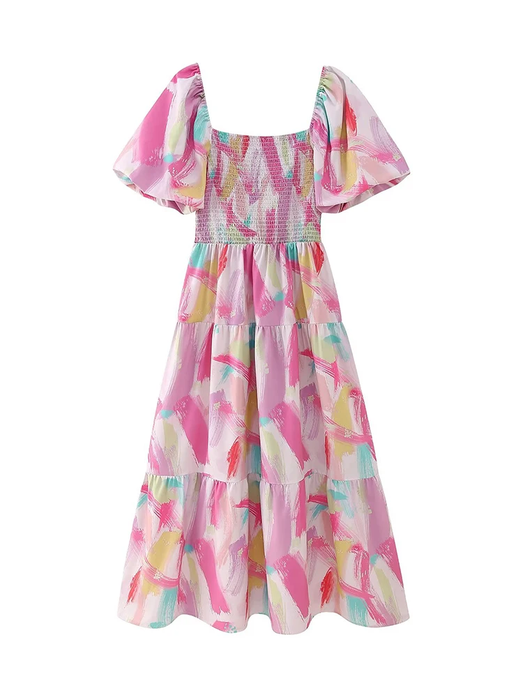 

YENKYE Summer Women Multicolor Print Midi Dress Vintage Puff Sleeve With Belt Female Holiday Dress