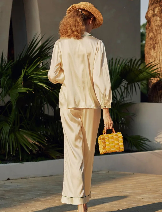 luxury women's pajamas set solid turn down collar ladies satin sleepwear spring summer silk pijama suit homewear for female