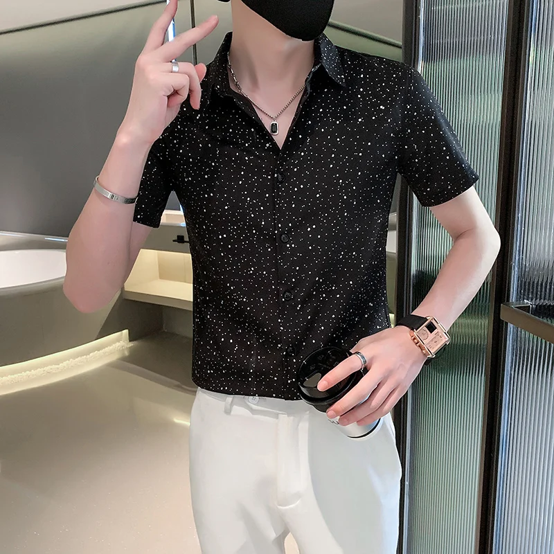 

2022 summer new men's bronzing gypsophila short-sleeved shirt men's casual slim shirt