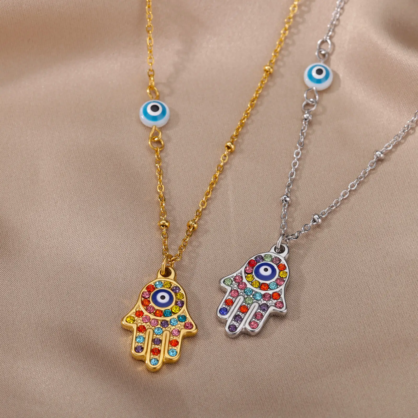 

Cute Zircon Fatima Hand Hamsa Necklace For Women Stainless Steel Turkish Evil Eye Choker Necklace Lucky Jewelry Gift Collar