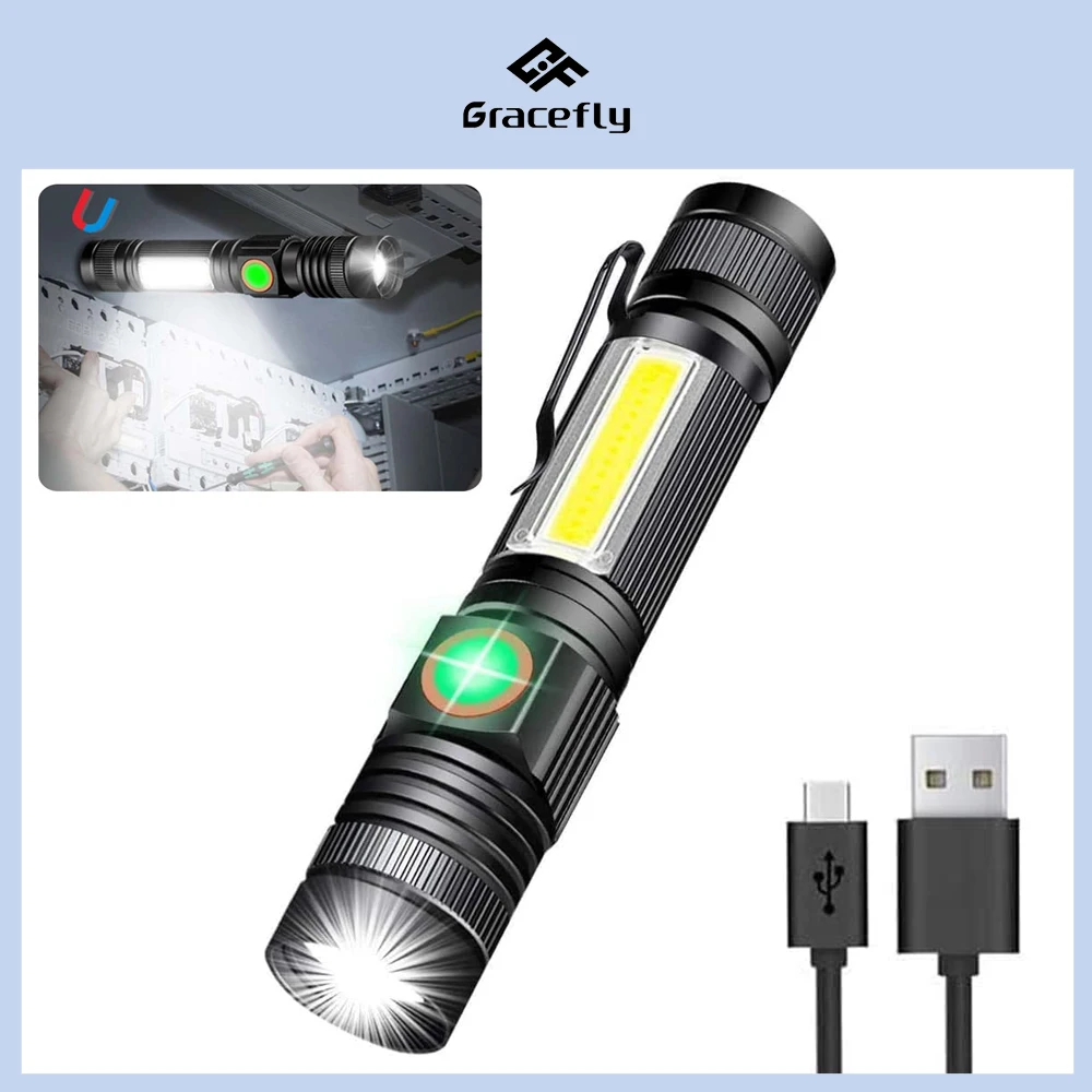 

Strong Power Mini Led Flashlight Magnetic Cob Work Light Torch Usb Rechargeable Edc Tactical Flashlight Zoomable For Camping