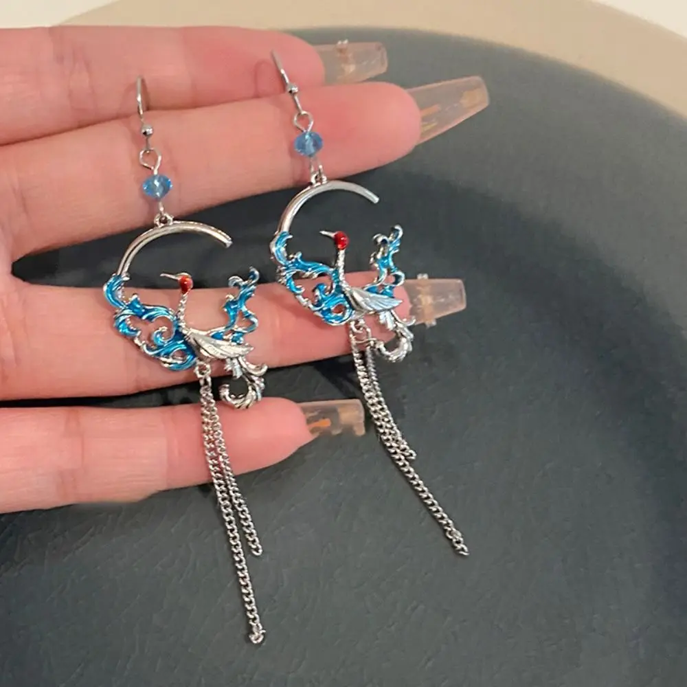 

New Fashion Crane Dangle Earrings For Women Chinese Style Asymmetric Long Tassel Temperament Earring Party Jewelry