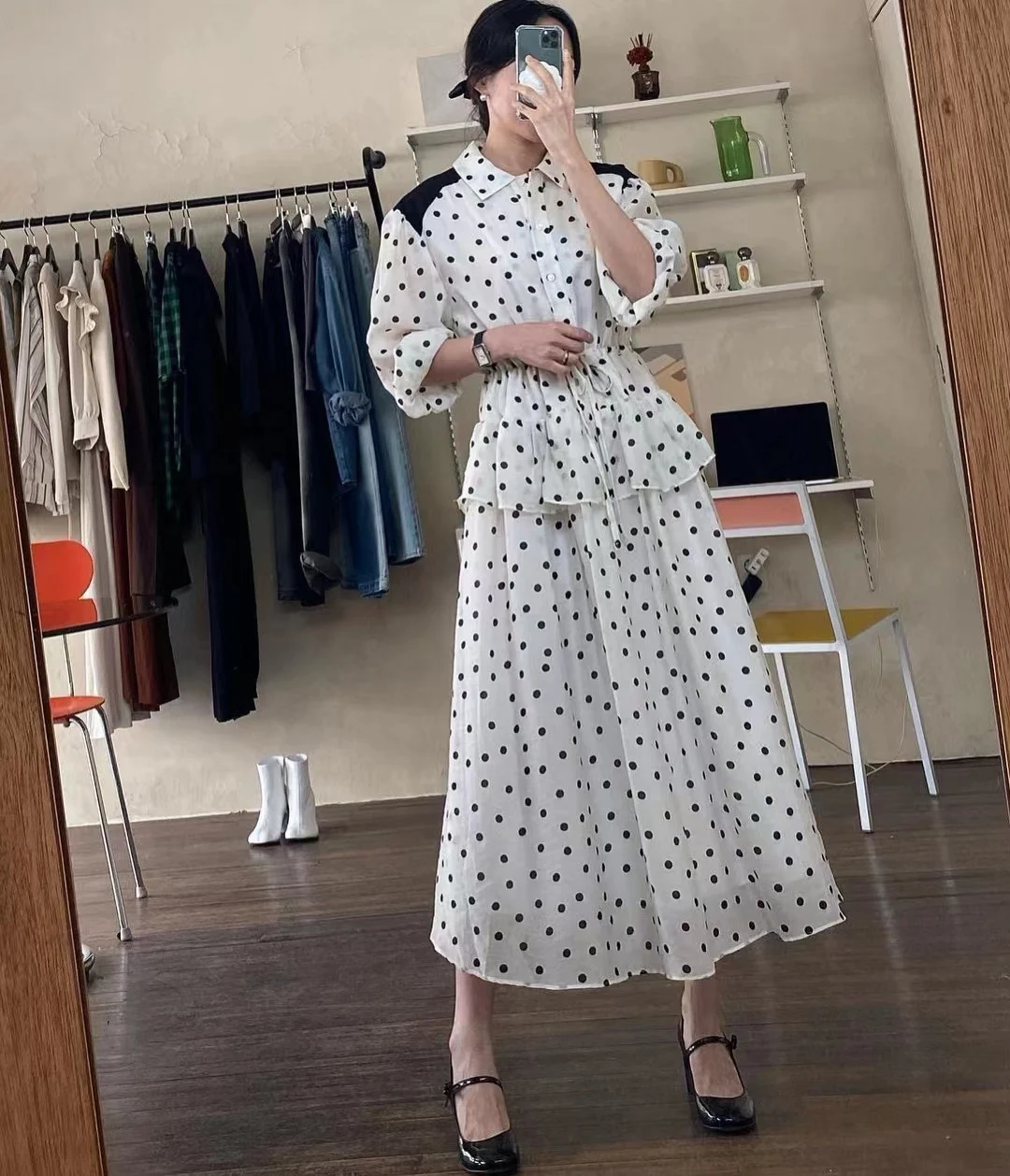 

SuperAen Autumn Winter Dot Printing Elegant Long Dress for Women Long Sleeve A-LINE Casual Dress