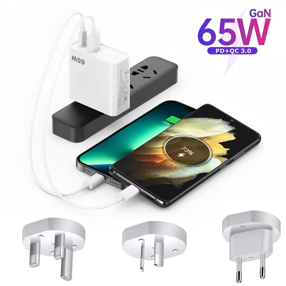 

NEW2023 EU/US/UK/AU 65W Laptop Adapter 2 Ports GaN Fast Charger USB C Wall Charger Block for IPhone13/12 Mini/12 Pro/12 Pro Max