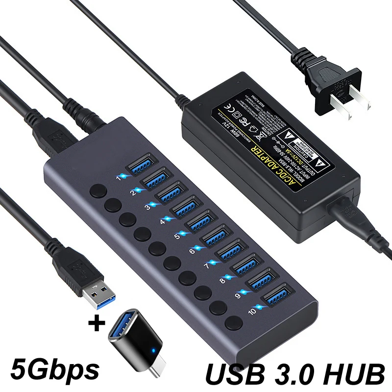 10 портов USB 3,0 концентратор для зарядки 5 Гбит/с, передача данных, внешний разветвитель, док-станция, мощность 60 Вт, искусственная кожа, переключатель, адаптер