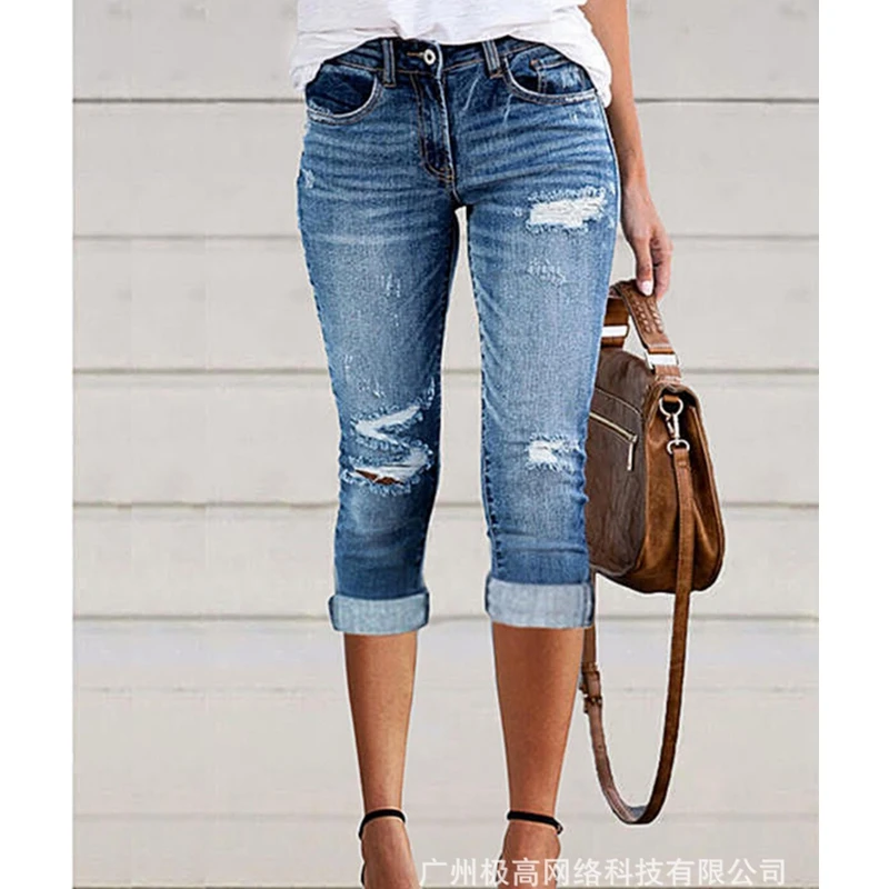 

Брюки-карандаш женские до колен, повседневные узкие джинсы, рваные джинсовые Капри с заниженной талией, лето-весна