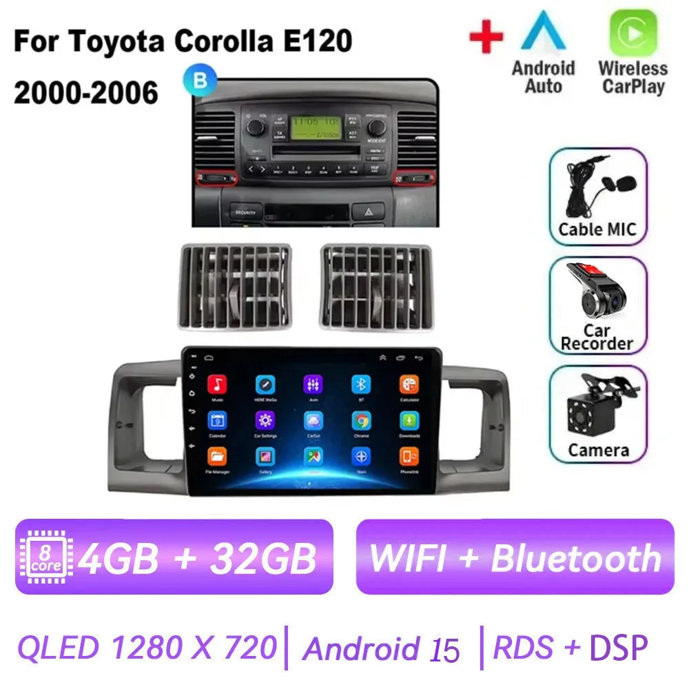 

Для Toyota Corolla E130 E120 2000-2006 Android 15, автомобильный радиоприемник, мультимедийный плеер, навигация, GPS, беспроводной Carplay 2din, стерео DVD