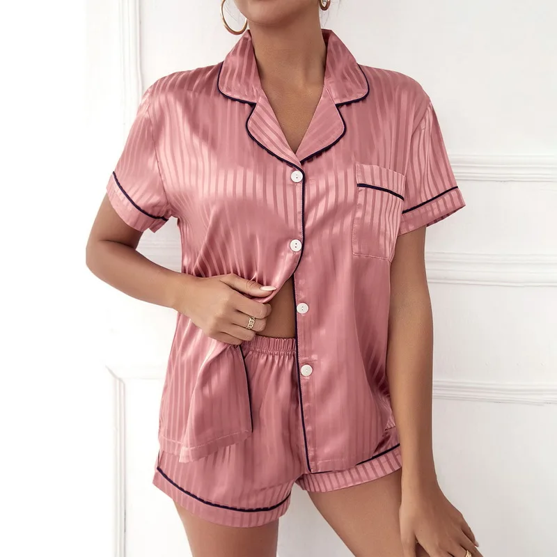 2023 Women Sleepwear Summer Pajama Set Pink Turn Down Collar Faux Silk Satin Short Sleeve Top+Shorts Female Pijama Homewear Suit