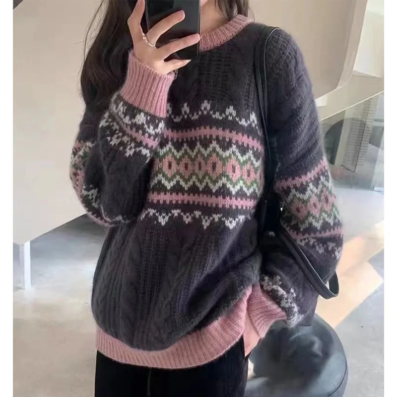 

Новинка 2023, осень/зима, винтажная трикотажная одежда, женский большой свободный Универсальный пуловер для ленивых, Женский дизайнерский свитер