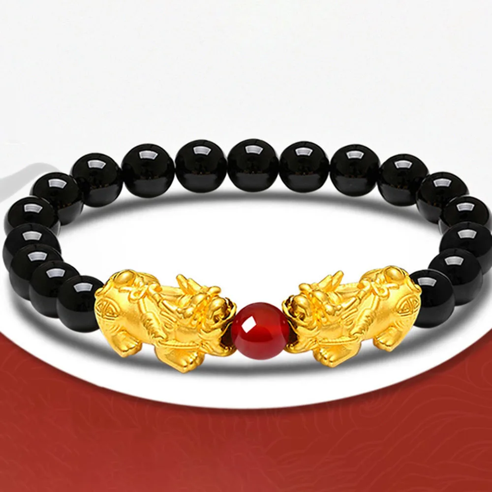 Настоящее желтое золото 24 карата 3D Pixiu с черными агатовыми бусинами мощностью 8 мм