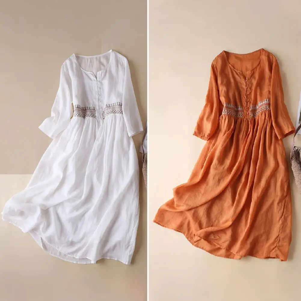 

Women's Dress 2023 New In Summer Ethnic Style Embroidery Elegant Temperament A-line O-Neck Fashion Loose Casual White Dress