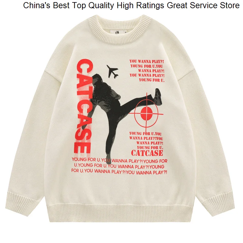 

oversized sweater hip hop men streetwear letter shadow printed vintage jumper pullover harajuku cotton knitted sweaters 2023