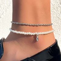 kotik silver color twist chain anklet for women sexy double layer pearl leg foot bracelet accessorie jewelry