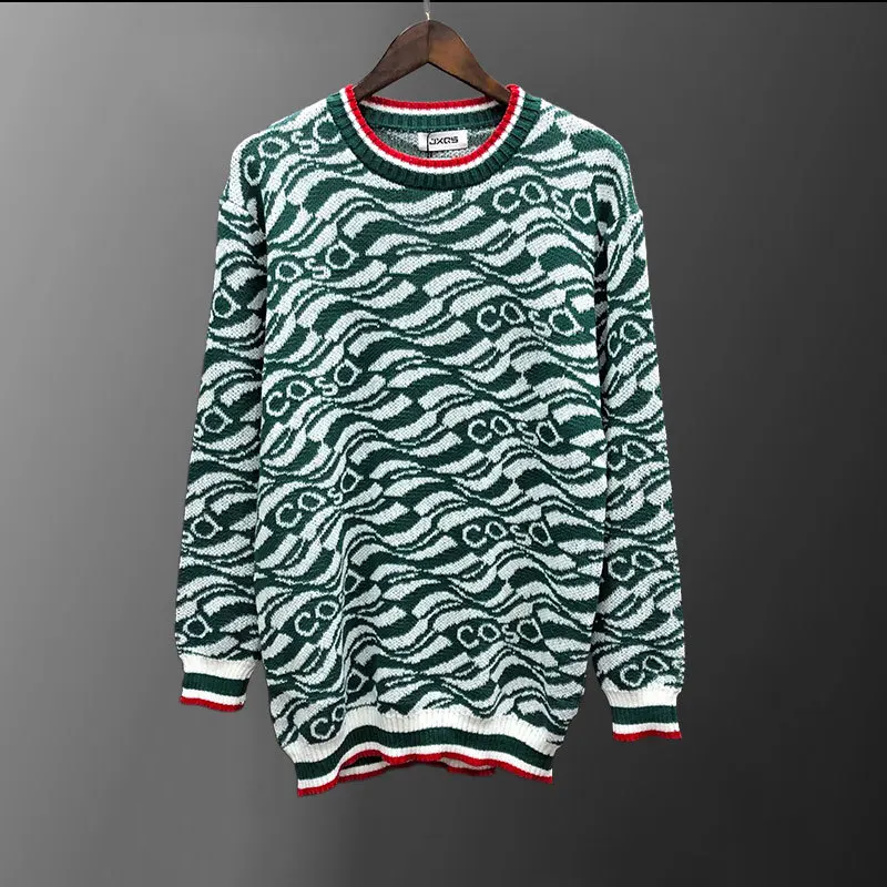 

Letter Stripe Contrast Color Retro Ethnic Style Fall Sweater For Men Knitted Round Neck Sweater Fashion Men Pullover Sweater